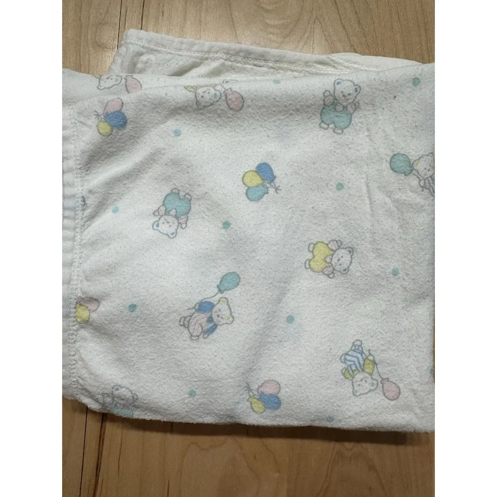 VTG Baby Oneita Pastel Cotton Flannel Receiving Blanket Bears Balloons USA
